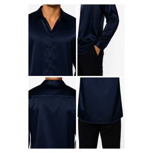 پیراهن یقه مردانه ساتن سرمه ای